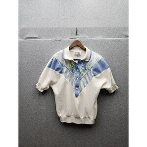 Vintage Teddi Womens Large Pullover Blouse With Floral & Striped Accents Short S